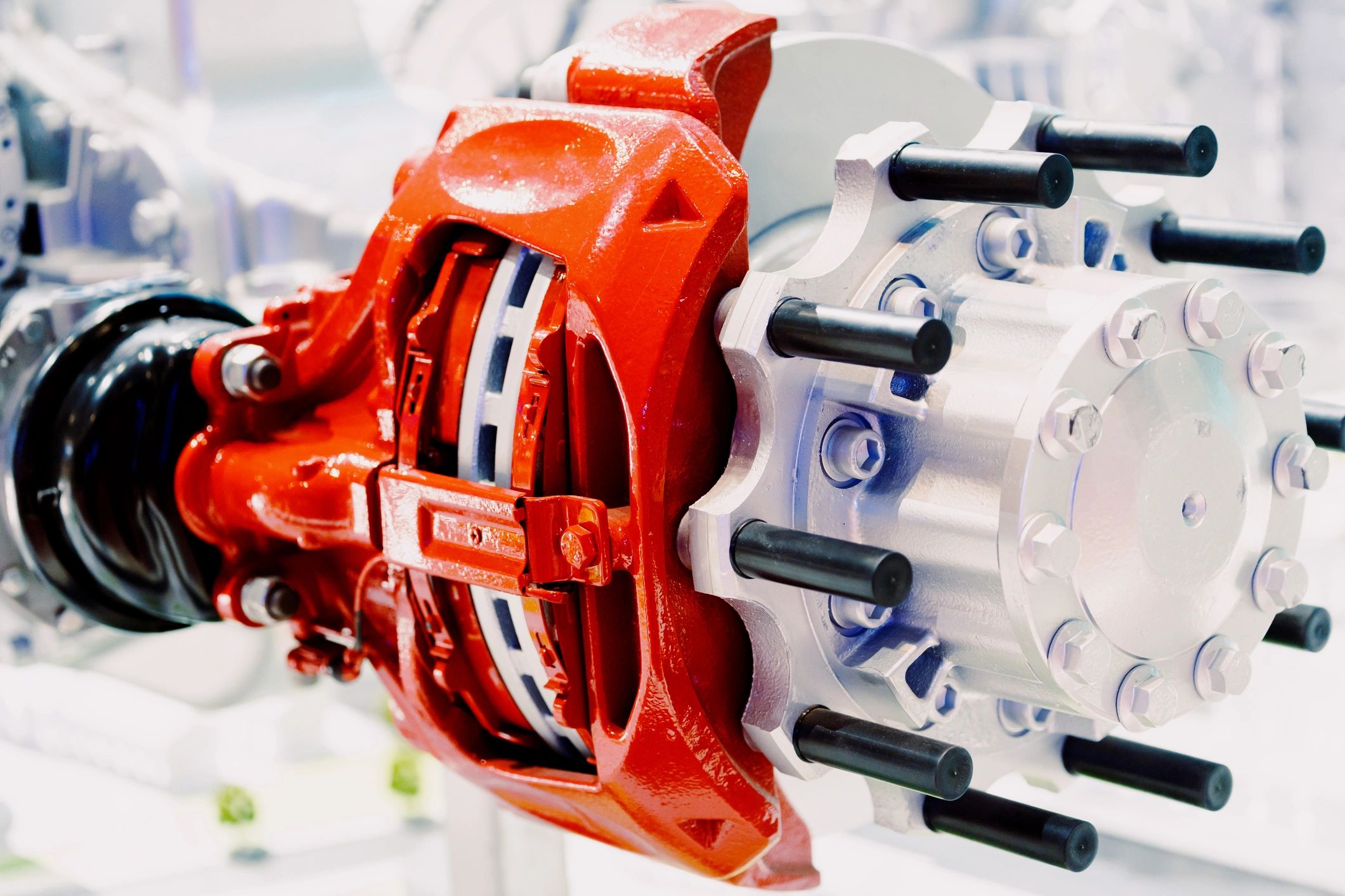 Close-up of a car brake system during service